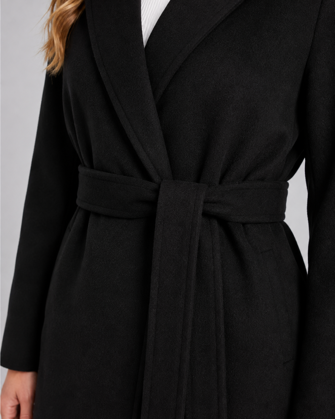 Women's Long Belted Wrap Coat - Lapel Collar Tie Waist