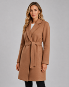 Women's Long Belted Wrap Coat - Lapel Collar Tie Waist