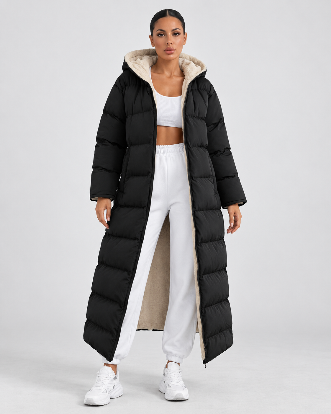 Women's Long Hooded Puffer Coat – Plush-Lined Maxi Full-Zip