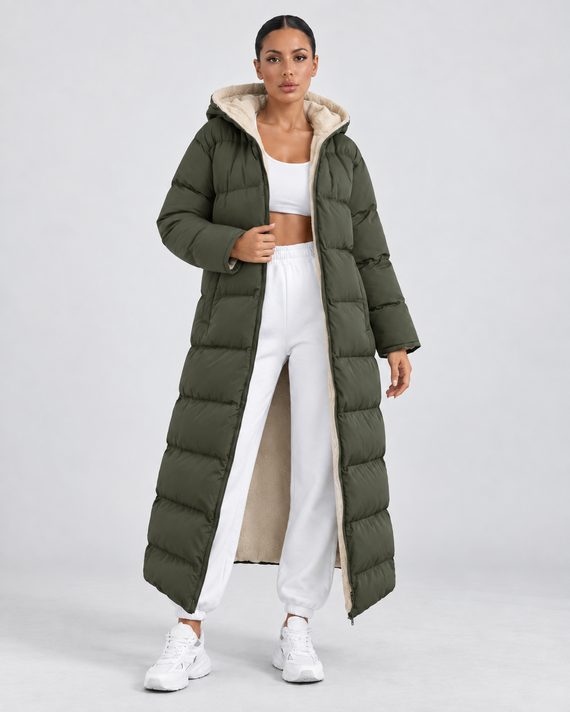 Women's Long Hooded Puffer Coat – Plush-Lined Maxi Full-Zip