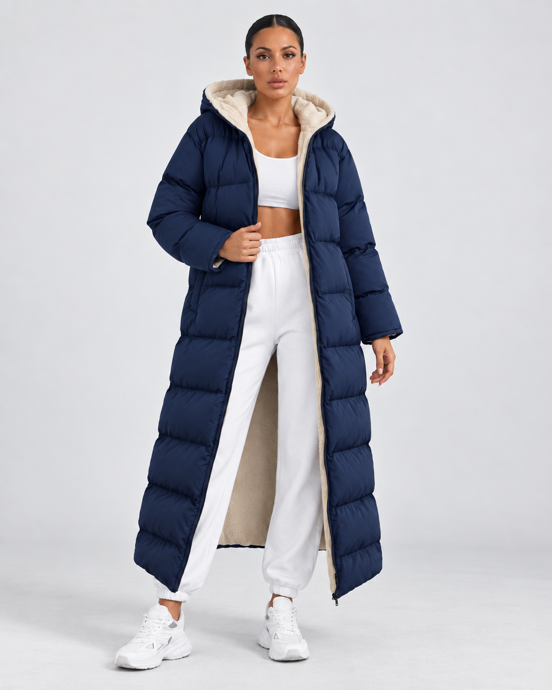 Women's Long Hooded Puffer Coat – Plush-Lined Maxi Full-Zip