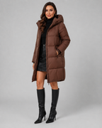 Women's Long Hooded Puffer Coat - Quilted Knee Length Zip Front