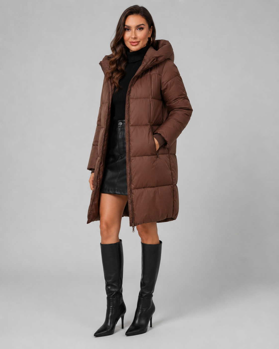 Women's Long Hooded Puffer Coat - Quilted Knee Length Zip Front