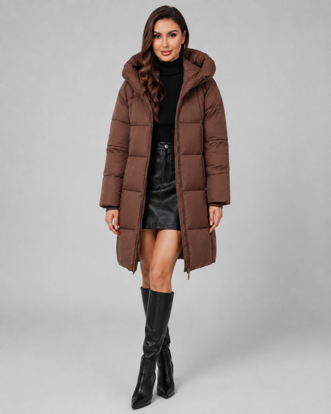 Women's Long Hooded Puffer Coat - Quilted Knee Length Zip Front