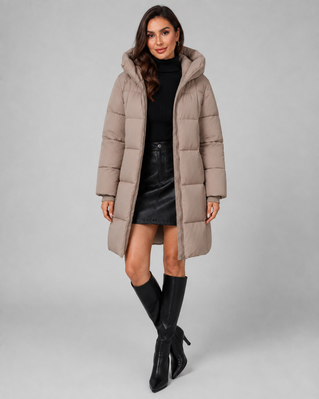 Women's Long Hooded Puffer Coat - Quilted Knee Length Zip Front
