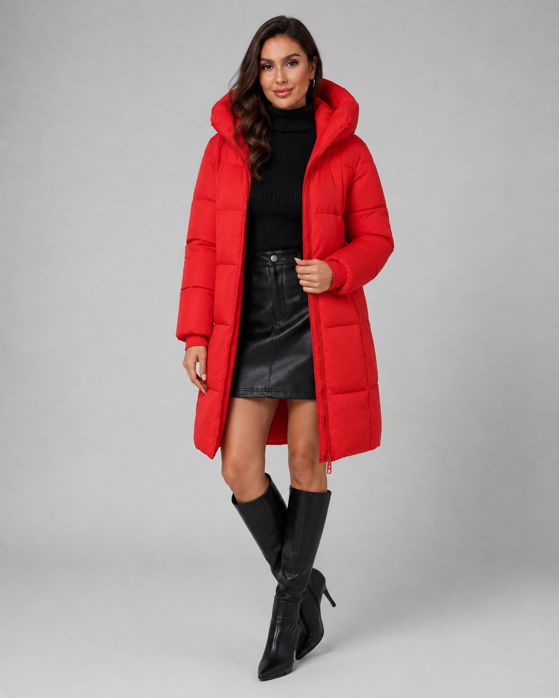 Women's Long Hooded Puffer Coat - Quilted Knee Length Zip Front