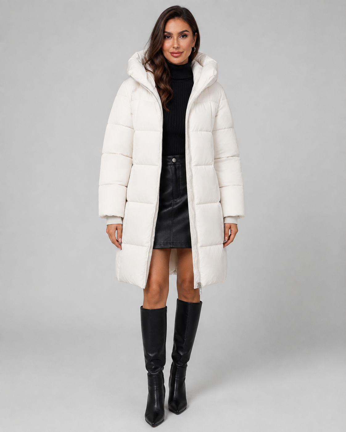 Women's Long Hooded Puffer Coat - Quilted Knee Length Zip Front