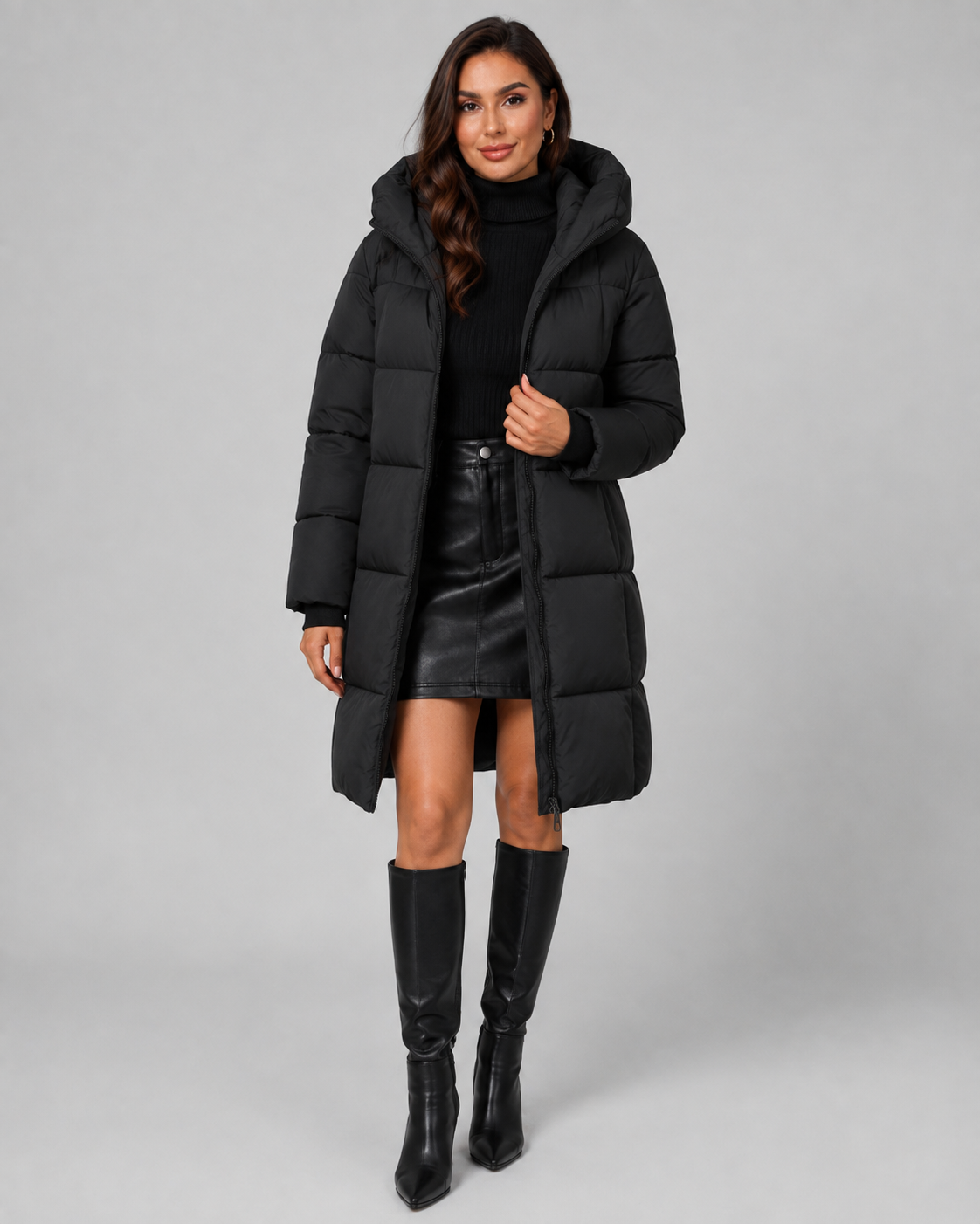 Women's Long Hooded Puffer Coat - Quilted Knee Length Zip Front