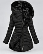 Women's Long Quilted Coat – Faux Fur Trim Hood Fitted Zip Pockets