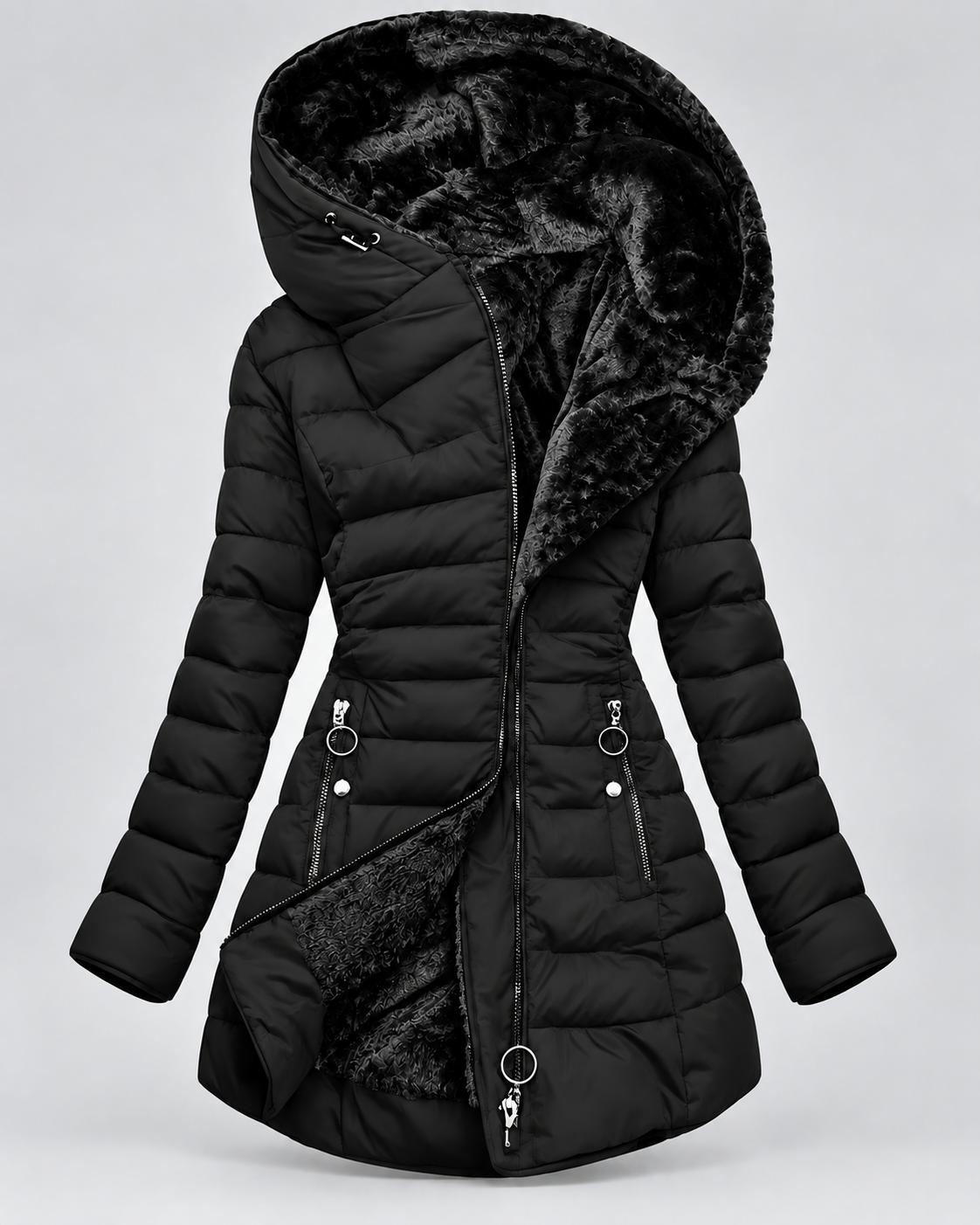 Women's Long Quilted Coat – Faux Fur Trim Hood Fitted Zip Pockets