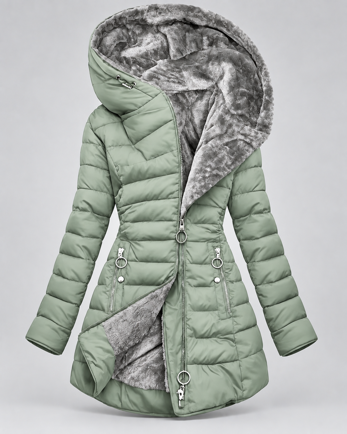 Women's Long Quilted Coat – Faux Fur Trim Hood Fitted Zip Pockets
