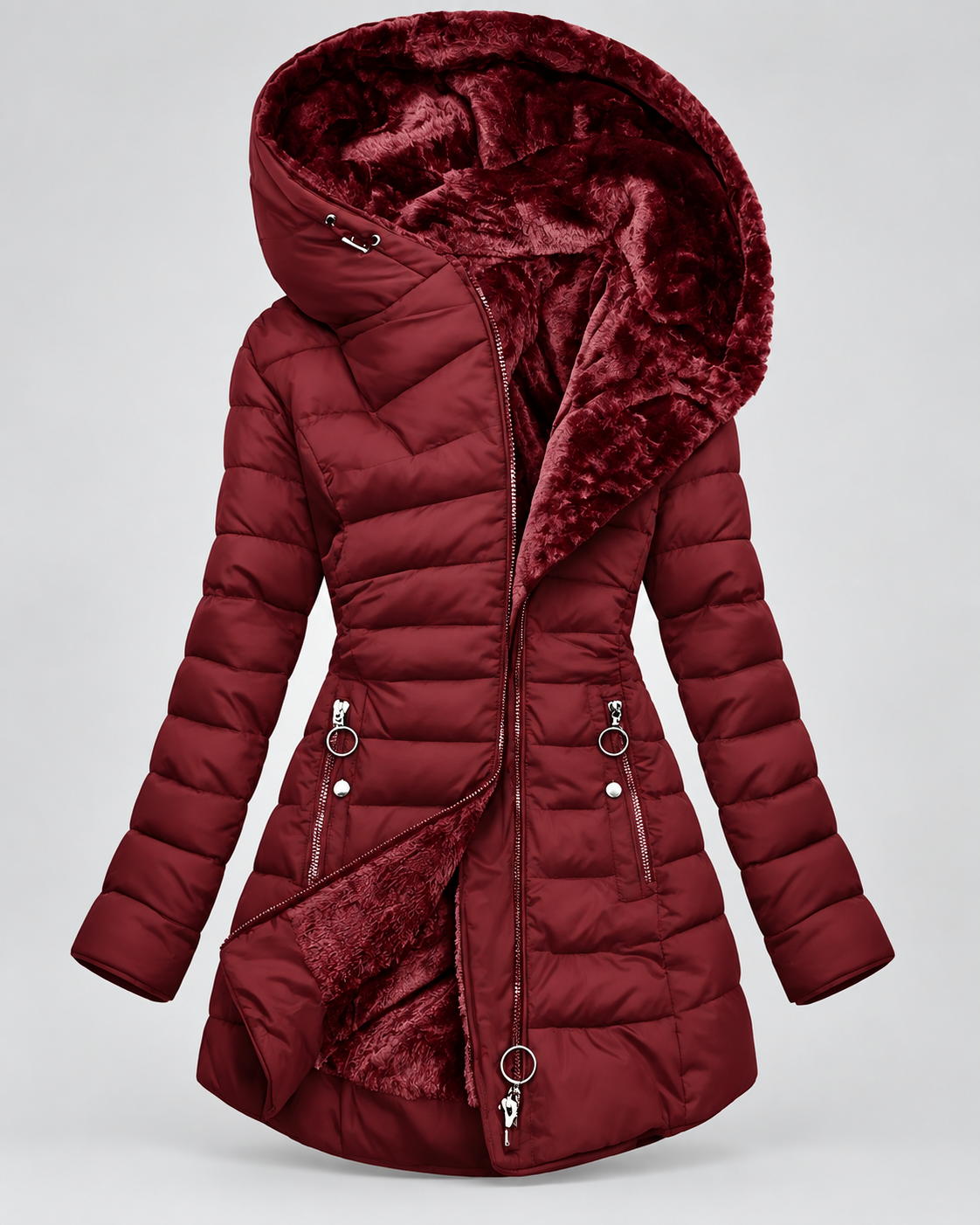Women's Long Quilted Coat – Faux Fur Trim Hood Fitted Zip Pockets
