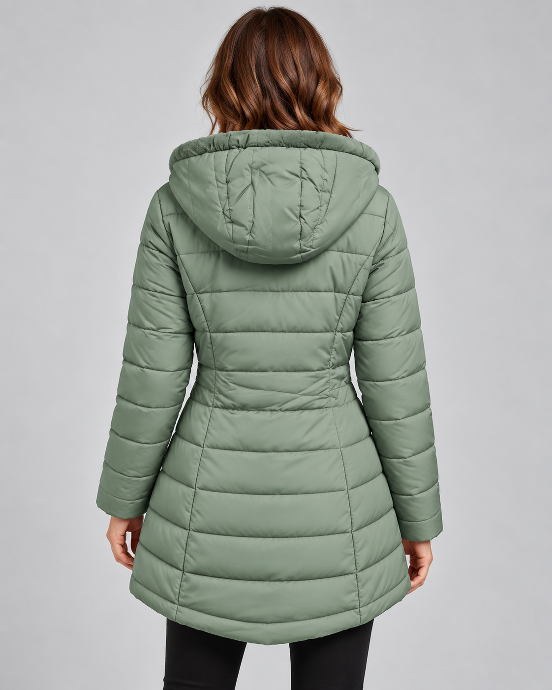 Women's Long Quilted Coat – Faux Fur Trim Hood Fitted Zip Pockets