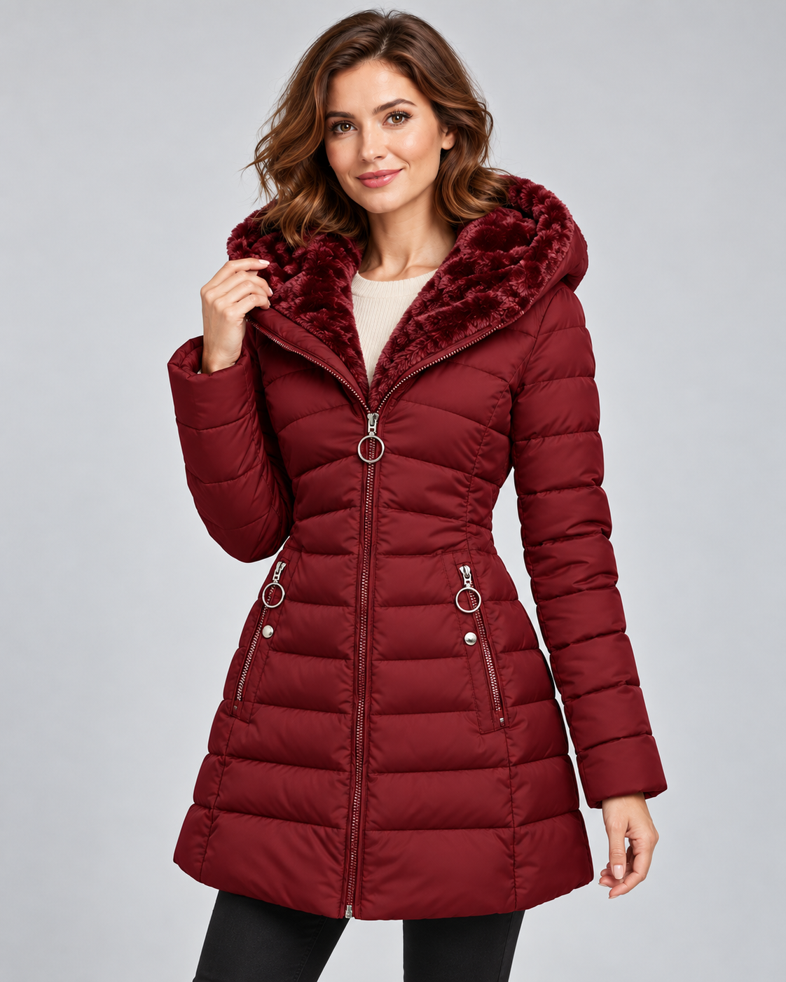 Women's Long Quilted Coat – Faux Fur Trim Hood Fitted Zip Pockets