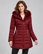 Women's Long Quilted Coat – Faux Fur Trim Hood Fitted Zip Pockets