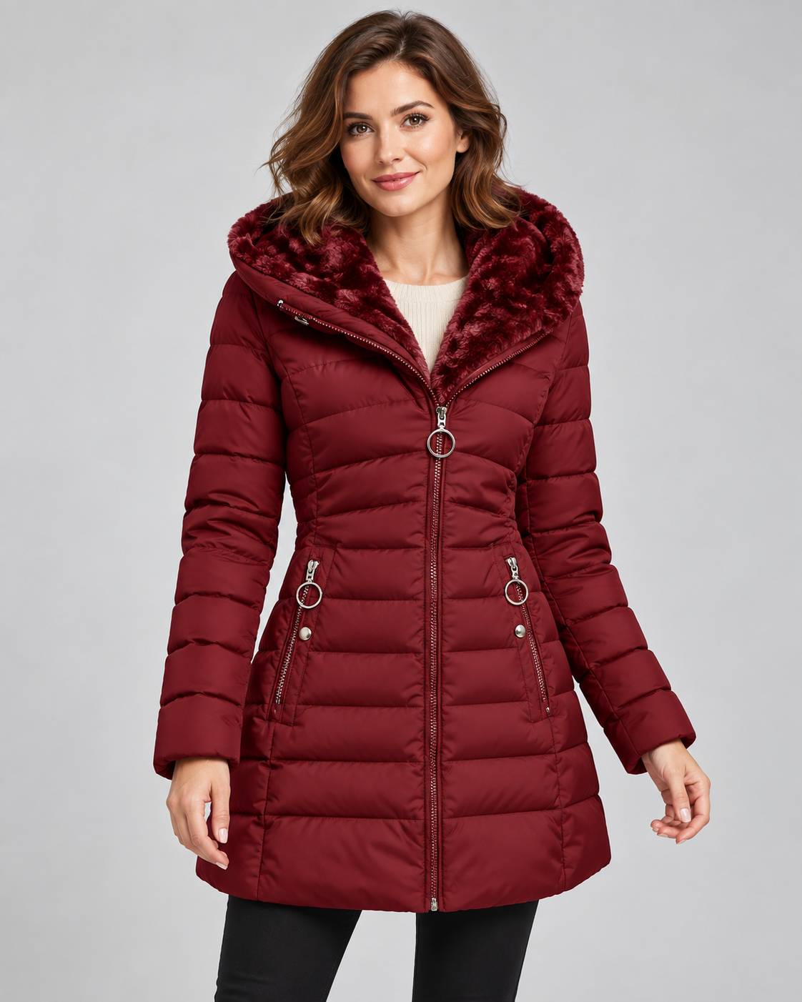 Women's Long Quilted Coat – Faux Fur Trim Hood Fitted Zip Pockets