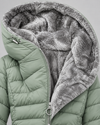 Women's Long Quilted Coat – Faux Fur Trim Hood Fitted Zip Pockets