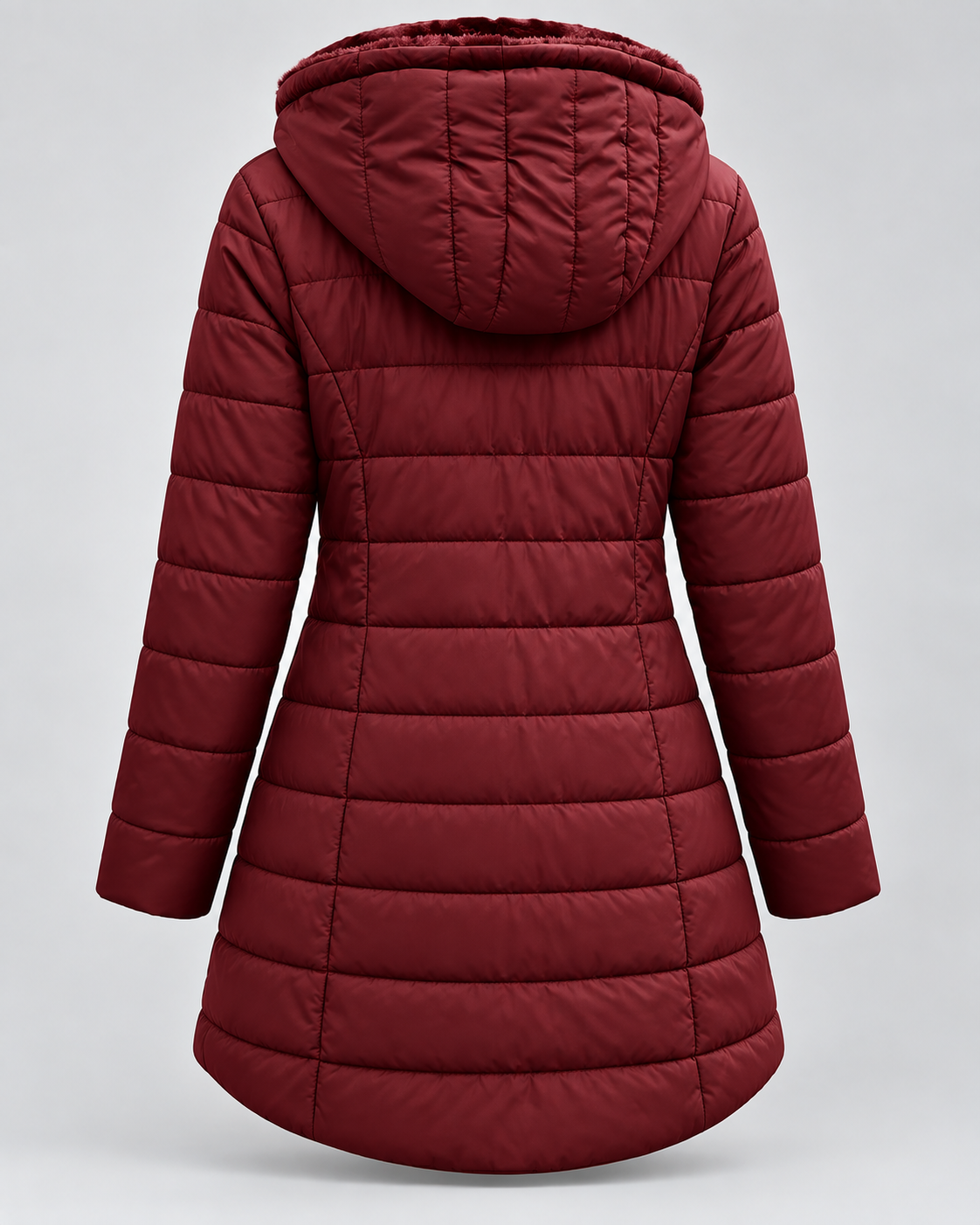 Women's Long Quilted Coat – Faux Fur Trim Hood Fitted Zip Pockets