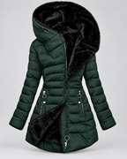 Women's Long Quilted Coat – Faux Fur Trim Hood Fitted Zip Pockets