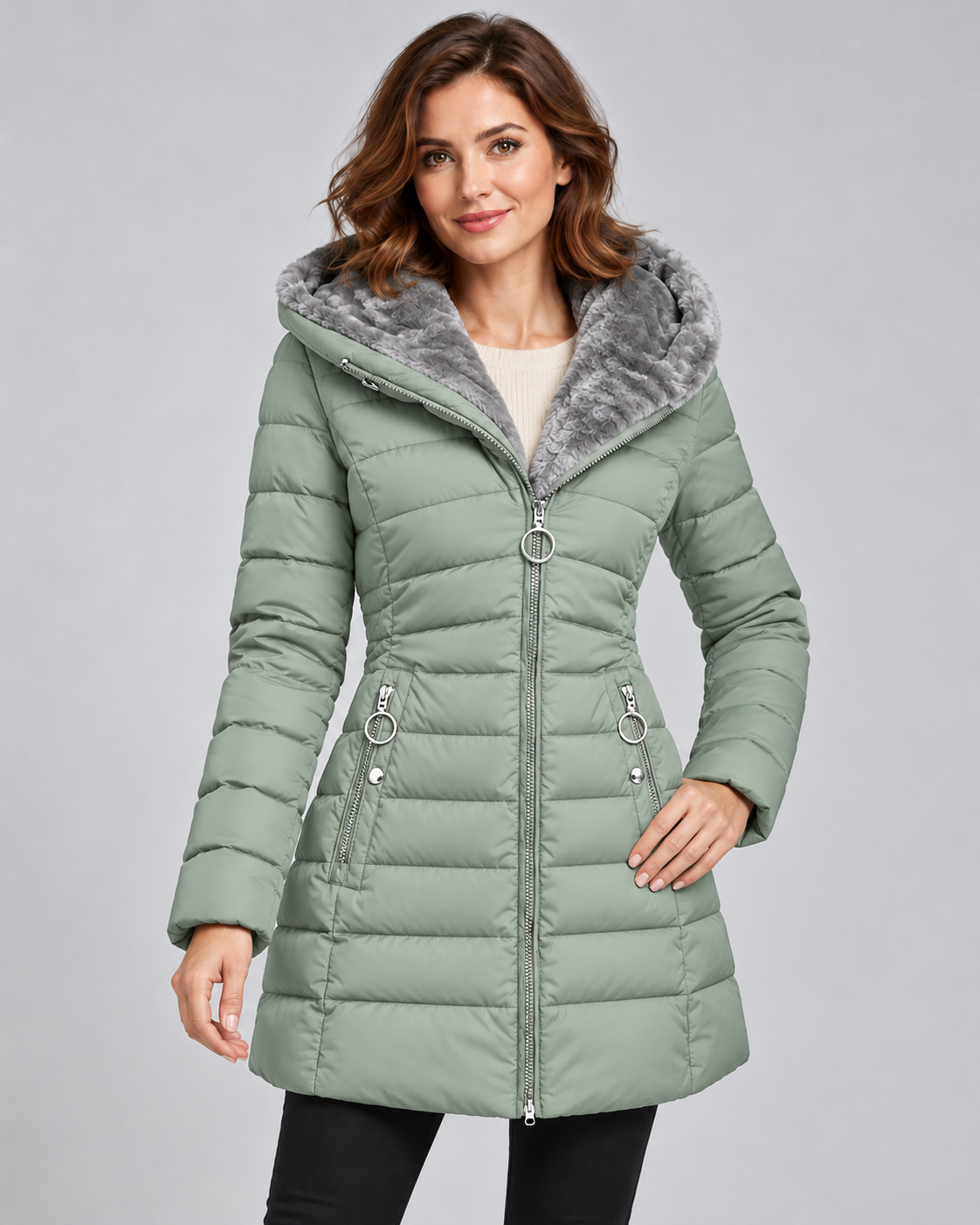 Women's Long Quilted Coat – Faux Fur Trim Hood Fitted Zip Pockets