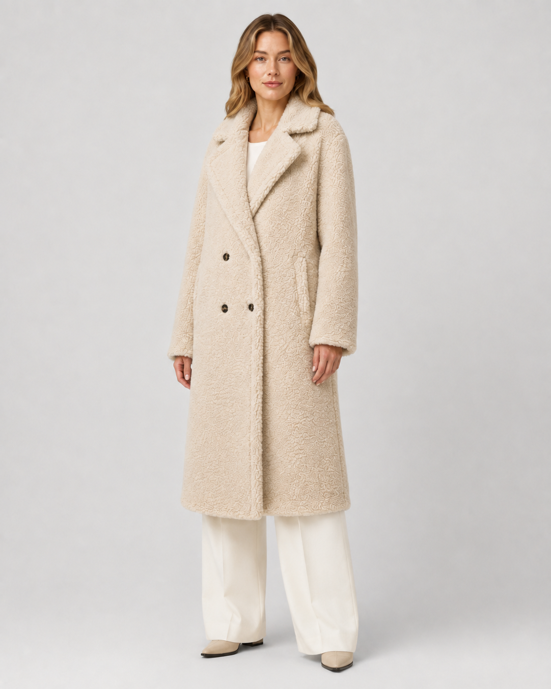 Women's Long Teddy Coat - Double-Breasted Oversized Lapel