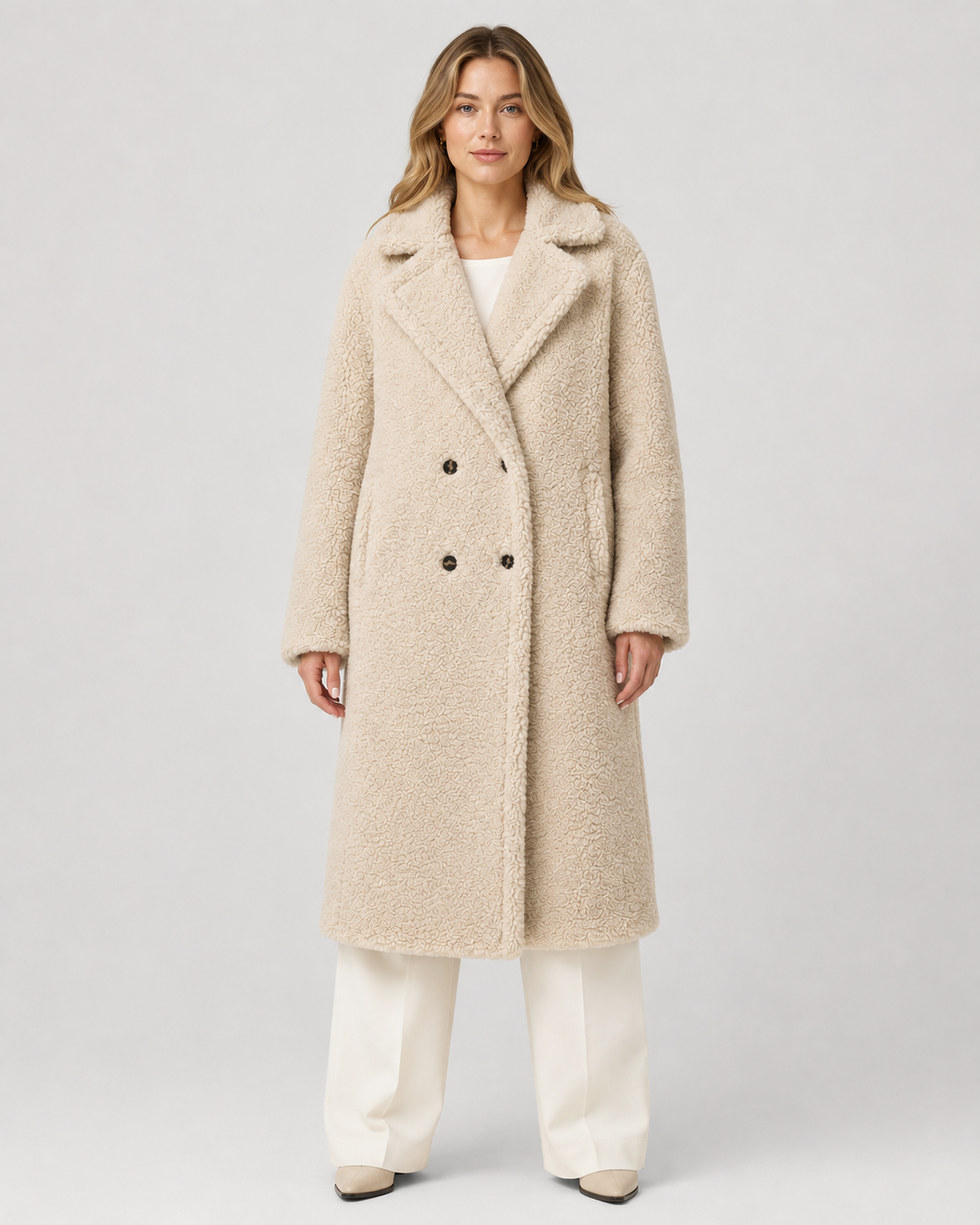 Women's Long Teddy Coat - Double-Breasted Oversized Lapel