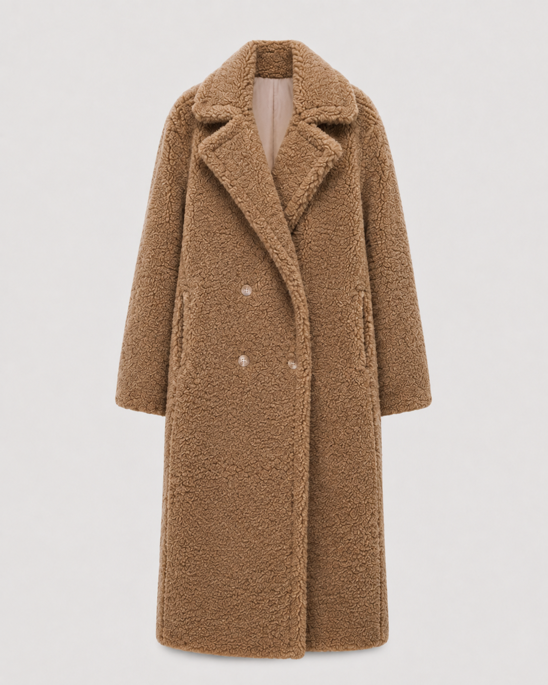 Women's Long Teddy Coat - Double-Breasted Oversized Lapel