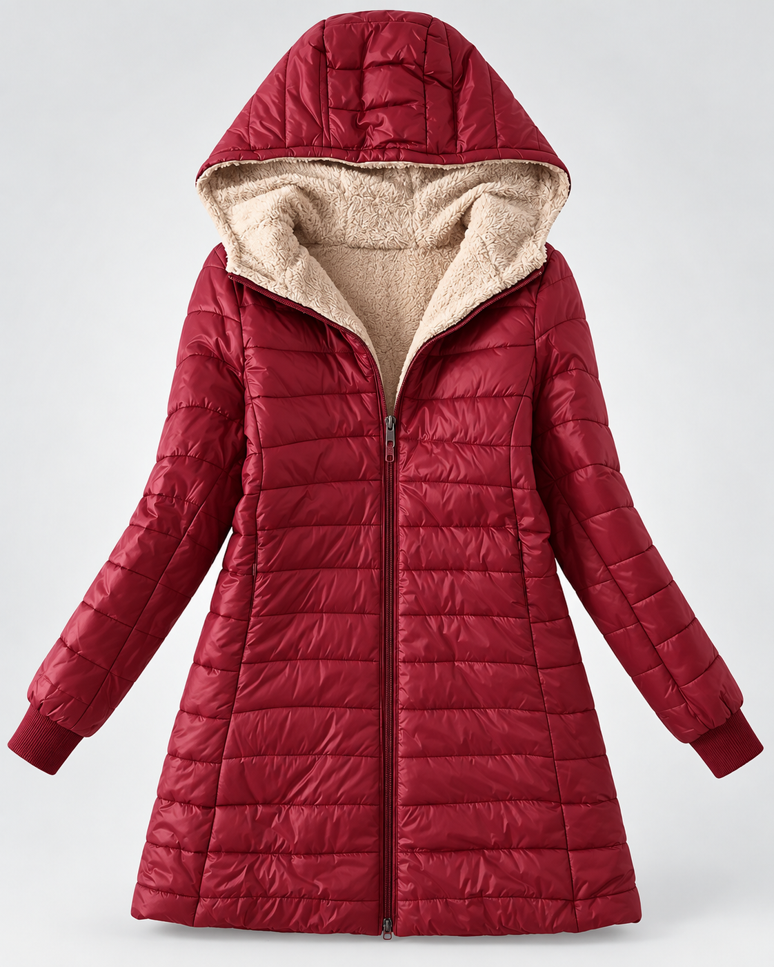 Women's Longline Hooded Puffer Coat - Plush Lining & Ribbed Cuffs