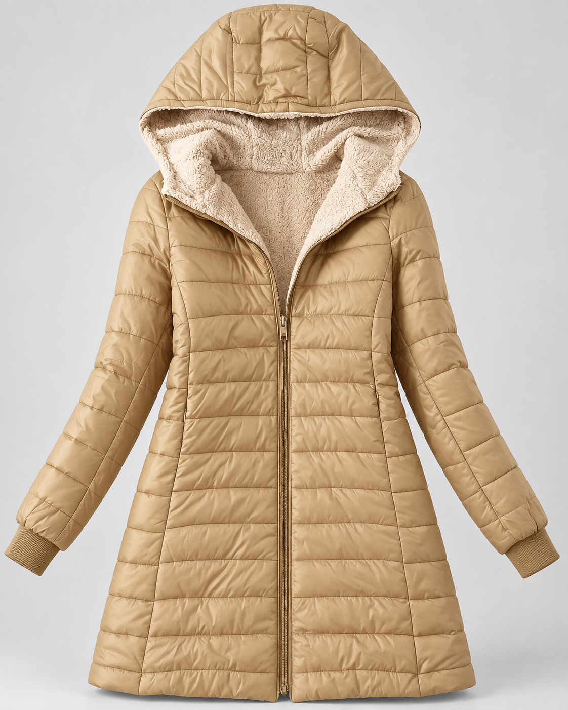 Women's Longline Hooded Puffer Coat - Plush Lining & Ribbed Cuffs