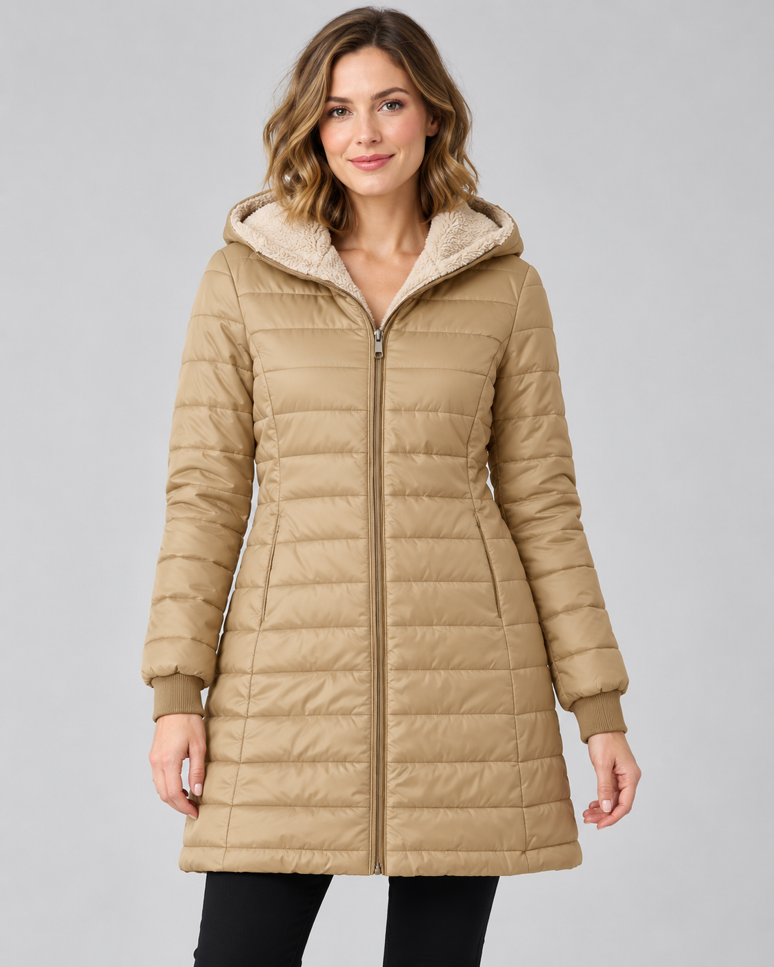 Women's Longline Hooded Puffer Coat - Plush Lining & Ribbed Cuffs