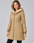 Women's Longline Hooded Puffer Coat - Plush Lining & Ribbed Cuffs