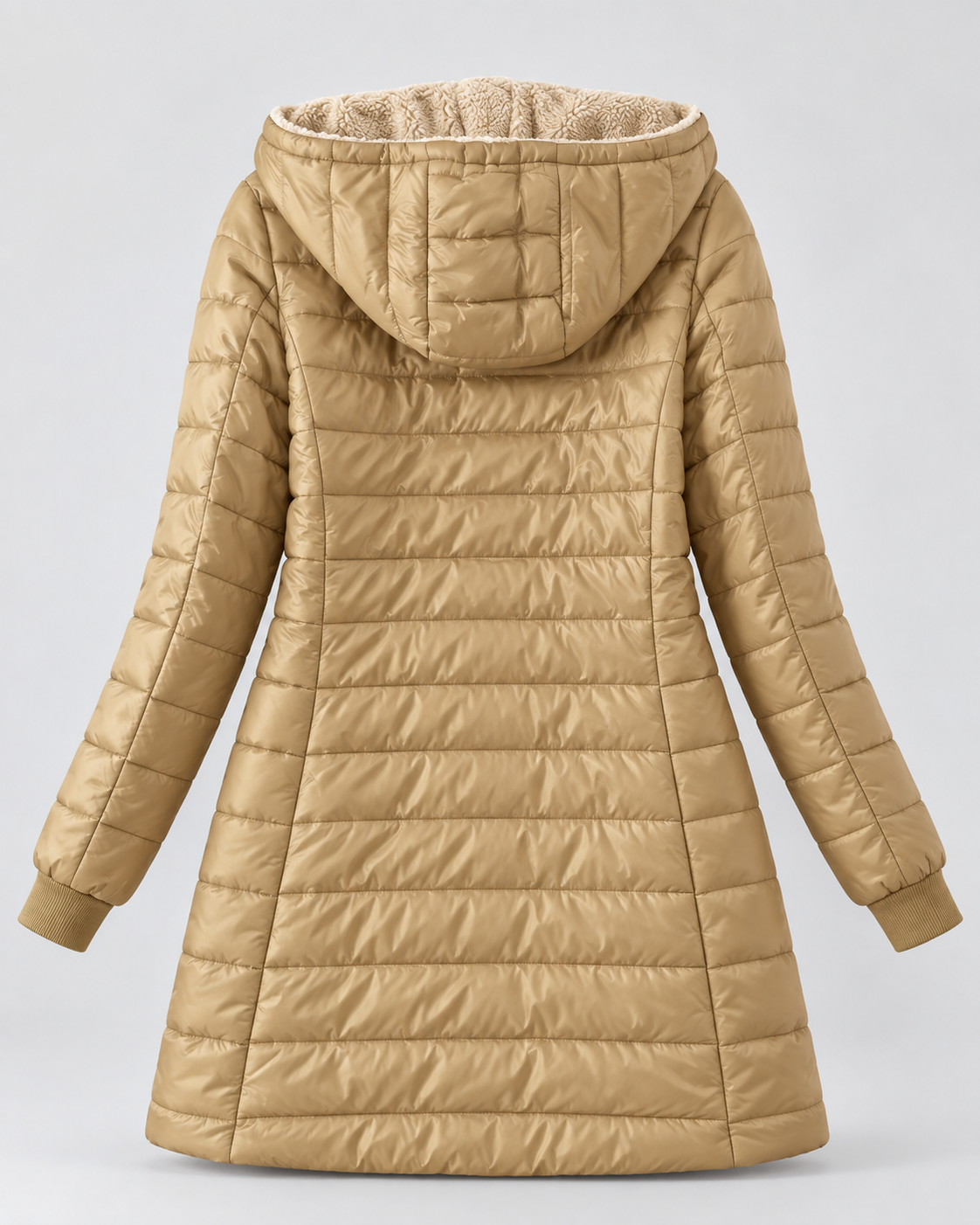Women's Longline Hooded Puffer Coat - Plush Lining & Ribbed Cuffs