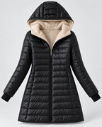 Women's Longline Hooded Puffer Coat - Plush Lining & Ribbed Cuffs