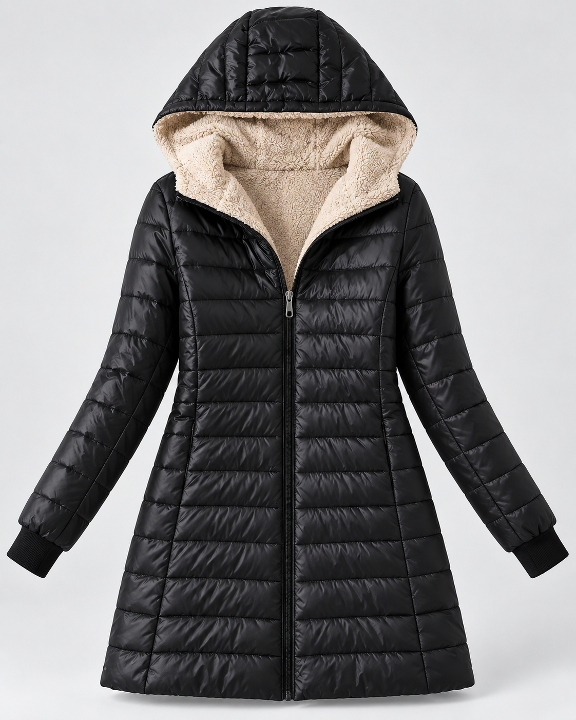 Women's Longline Hooded Puffer Coat - Plush Lining & Ribbed Cuffs