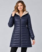 Women's Longline Hooded Puffer Coat - Plush Lining & Ribbed Cuffs