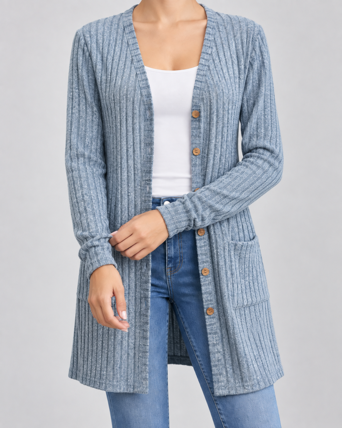 Women's Longline Ribbed Cardigan - V-Neck Button Front Pockets
