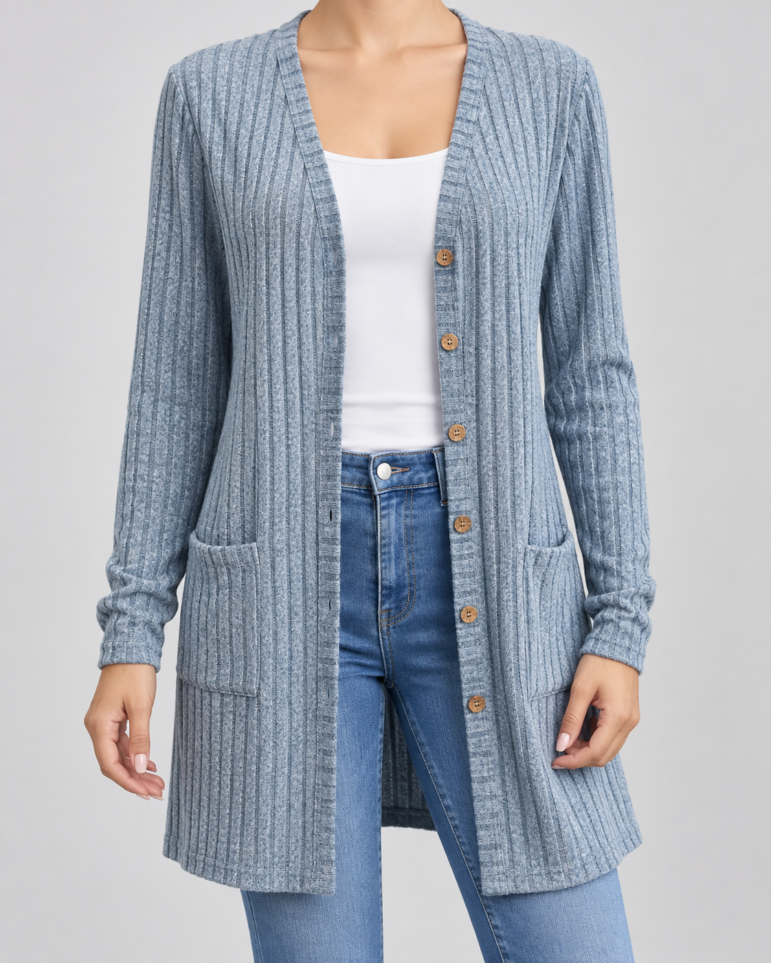 Women's Longline Ribbed Cardigan - V-Neck Button Front Pockets
