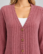 Women's Longline Ribbed Cardigan - V-Neck Button Front Pockets