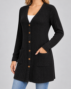 Women's Longline Ribbed Cardigan - V-Neck Button Front Pockets