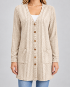 Women's Longline Ribbed Cardigan - V-Neck Button Front Pockets