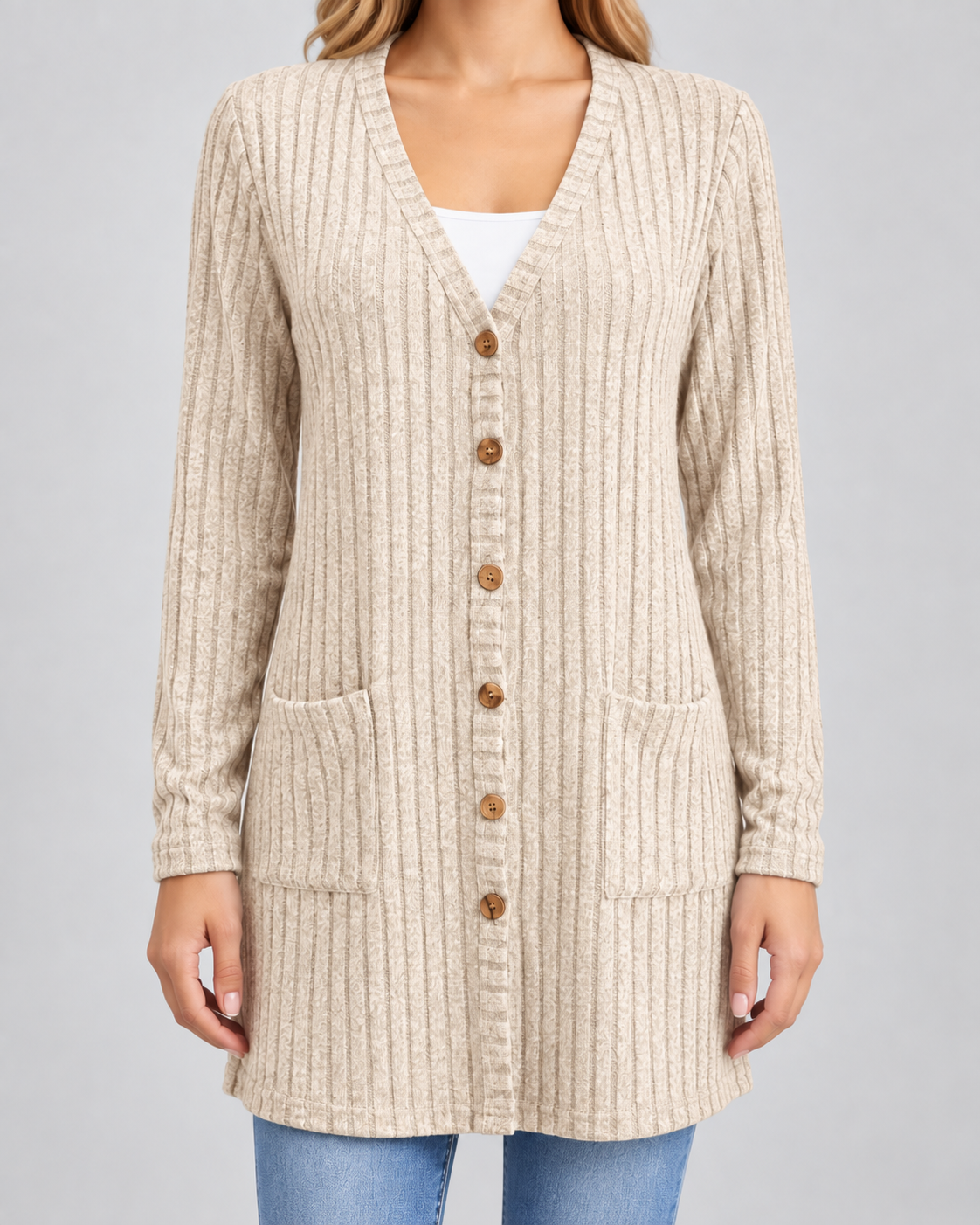 Women's Longline Ribbed Cardigan - V-Neck Button Front Pockets