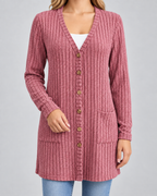 Women's Longline Ribbed Cardigan - V-Neck Button Front Pockets