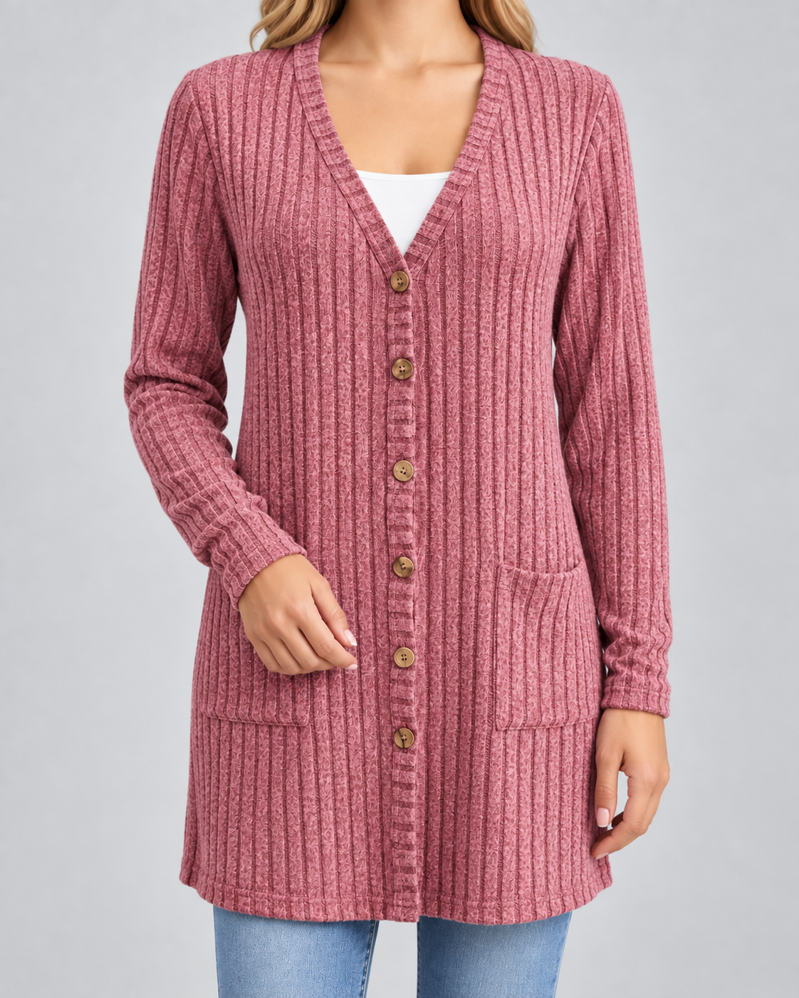 Women's Longline Ribbed Cardigan - V-Neck Button Front Pockets