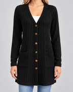 Women's Longline Ribbed Cardigan - V-Neck Button Front Pockets