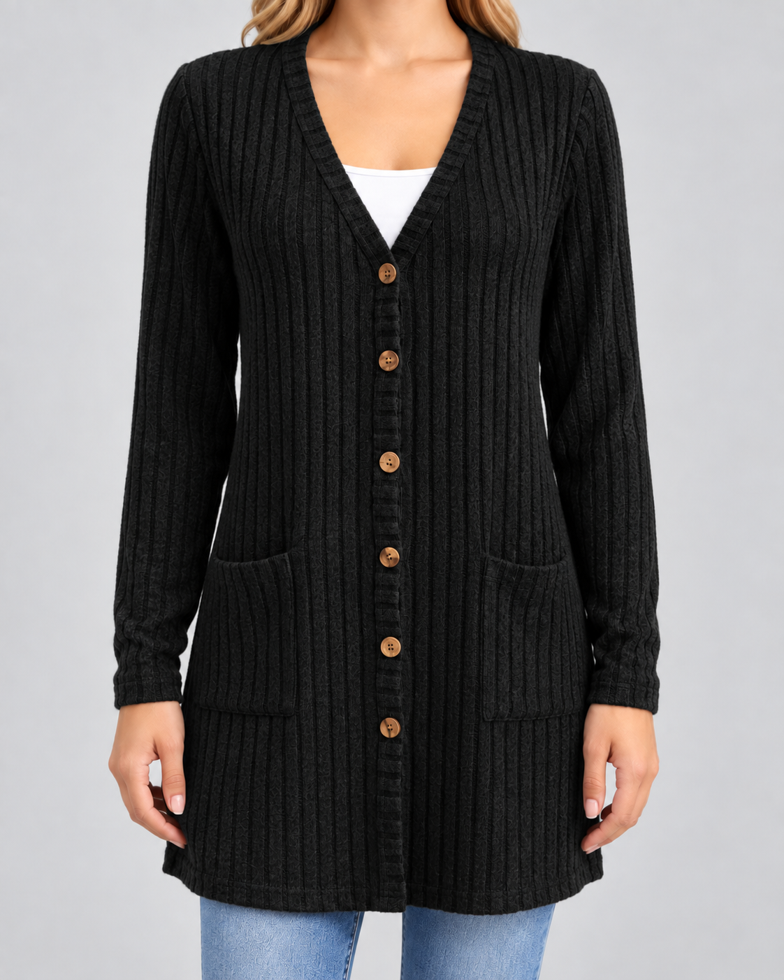 Women's Longline Ribbed Cardigan - V-Neck Button Front Pockets