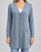 Women's Longline Ribbed Cardigan - V-Neck Button Front Pockets