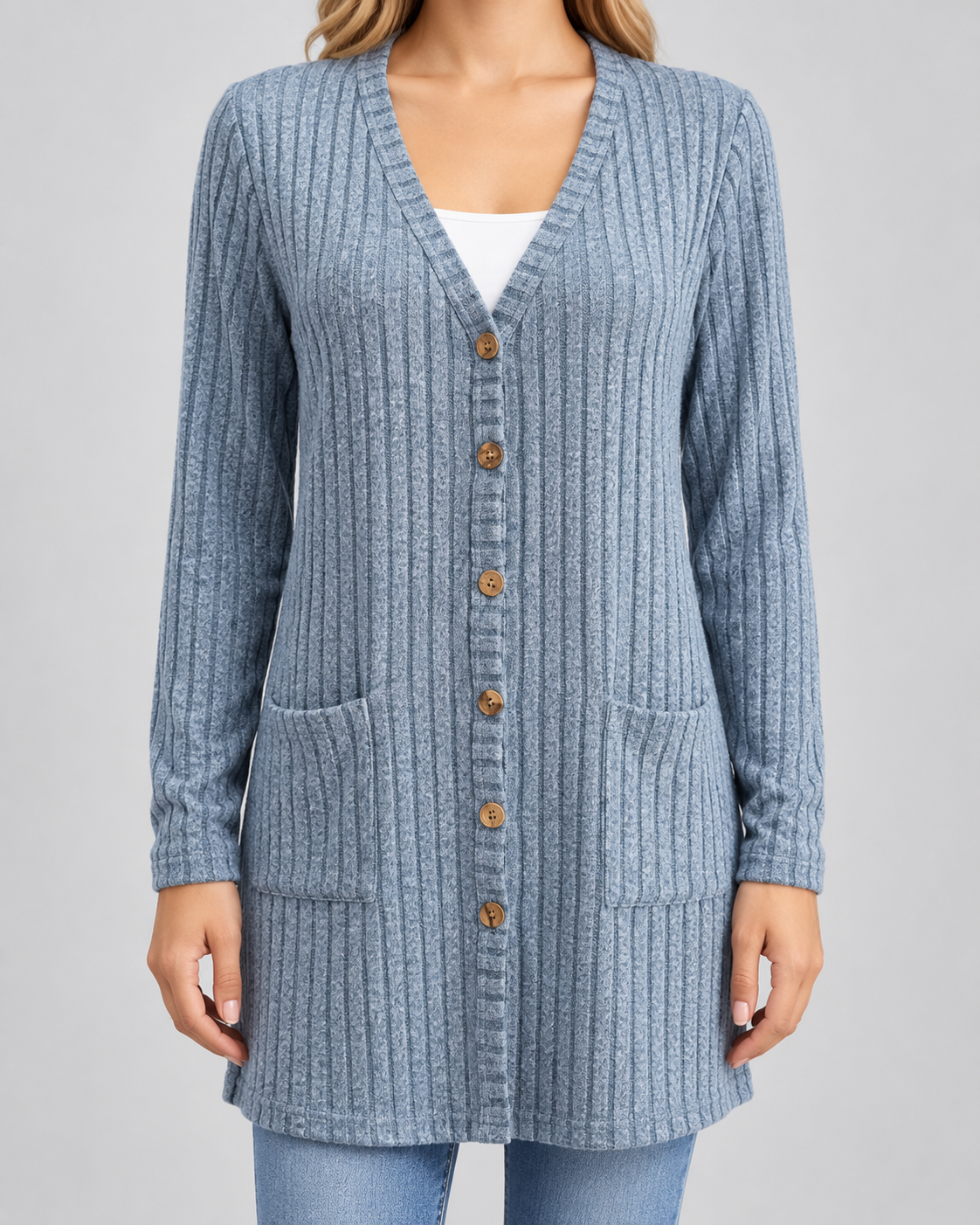 Women's Longline Ribbed Cardigan - V-Neck Button Front Pockets