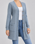 Women's Longline Ribbed Cardigan - V-Neck Button Front Pockets