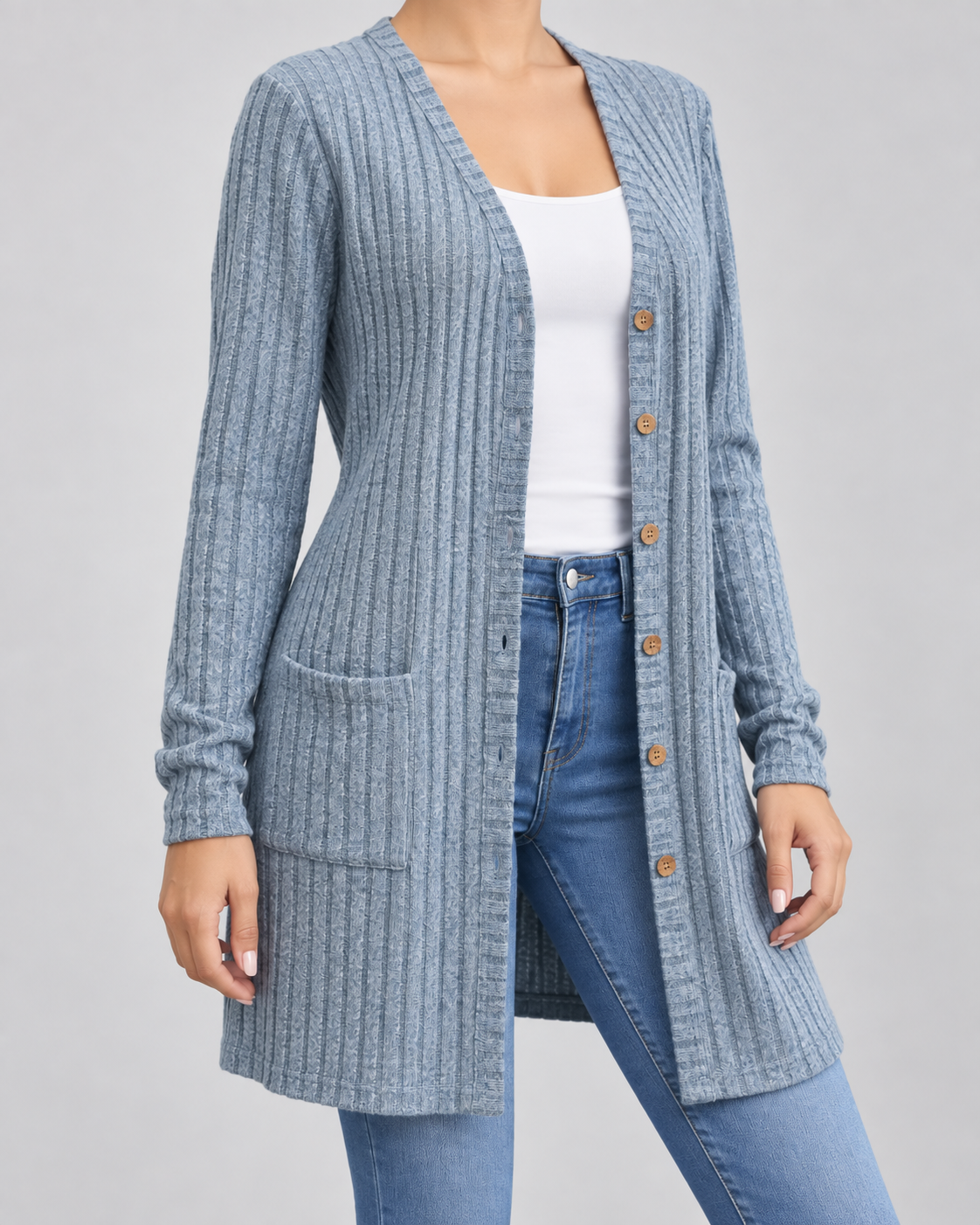 Women's Longline Ribbed Cardigan - V-Neck Button Front Pockets