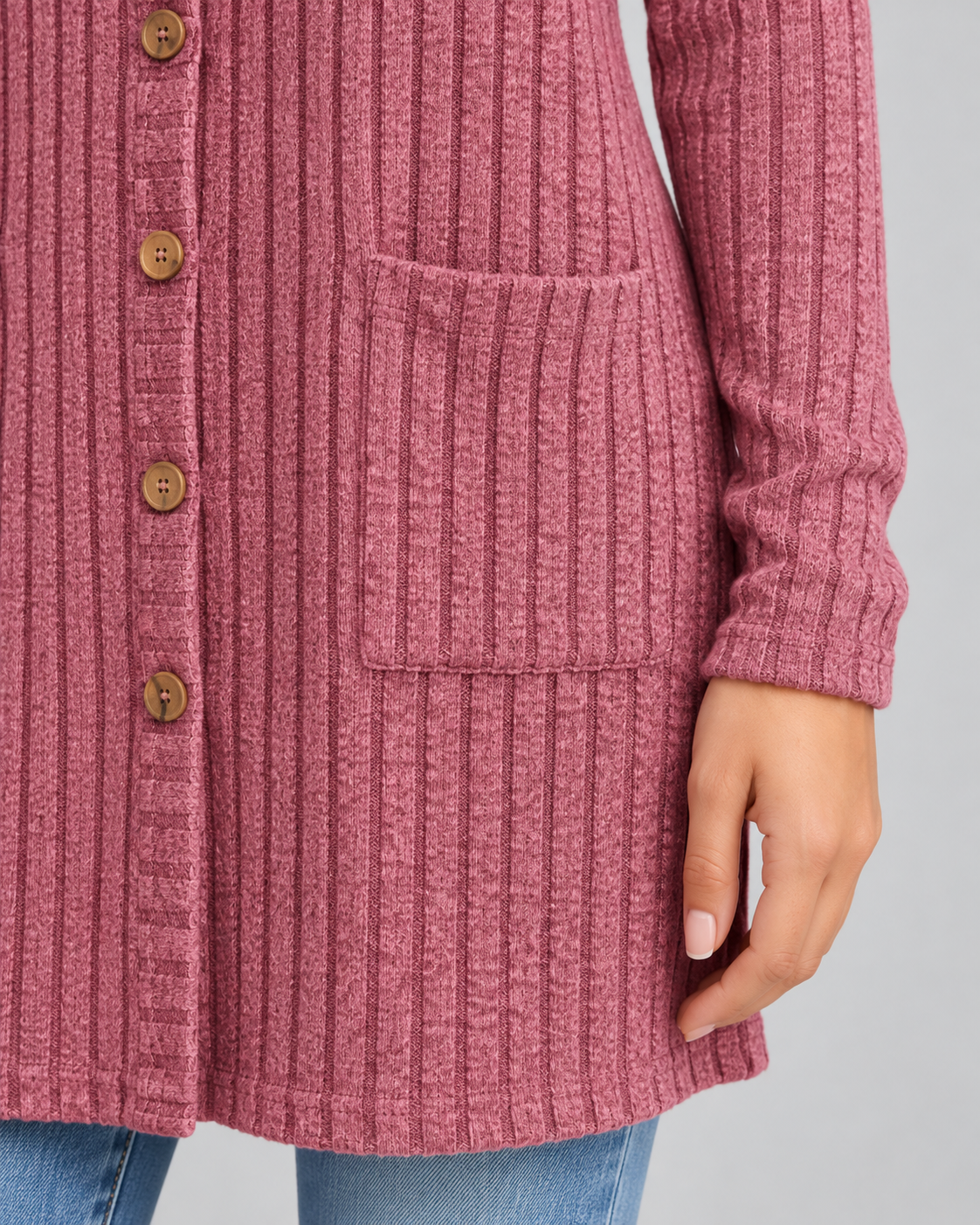 Women's Longline Ribbed Cardigan - V-Neck Button Front Pockets